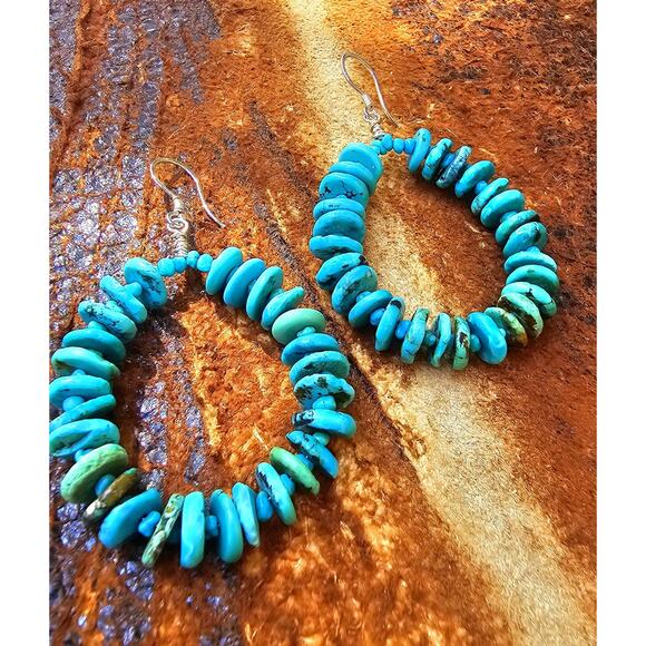 Sleeping Beauty Turquoise Sterling Silver Artisan Hoop Earrings - Picture 4 of 8